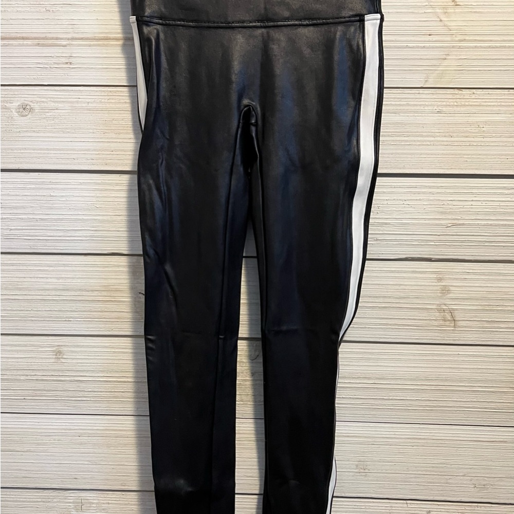 SPANX Black Faux Leather Leggings with White Stripe